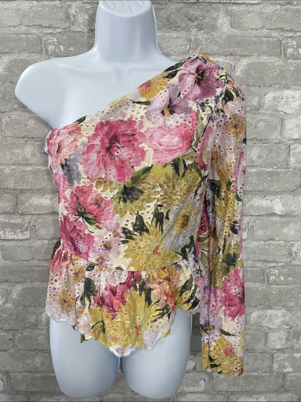 Express One-Shoulder Floral Eyelet Peplum Top in pink and purple floral print